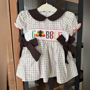 NWT Gobble Thanksgiving smocked turkey dress baby girl bows gingham collar fall
